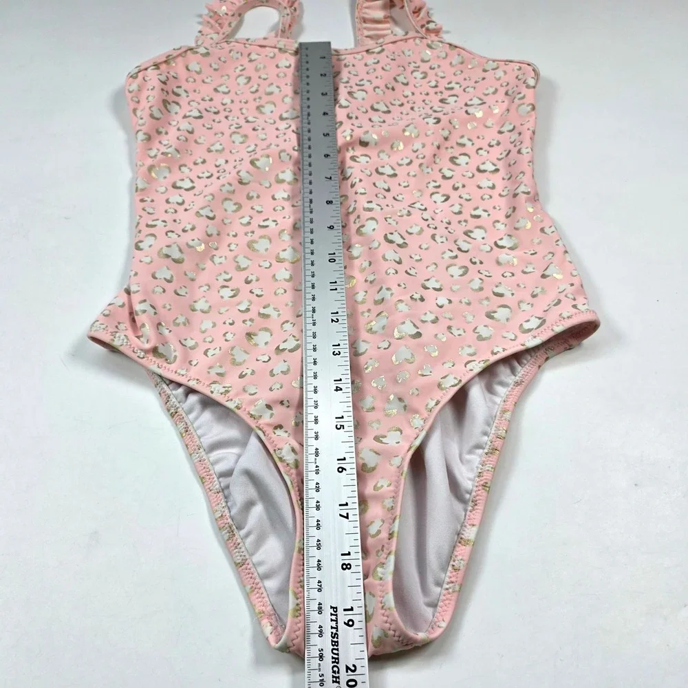 Sunuva One Piece Swimsuit Girls 13-14 Pink Metallic Gold Leopard Heart Ruffle